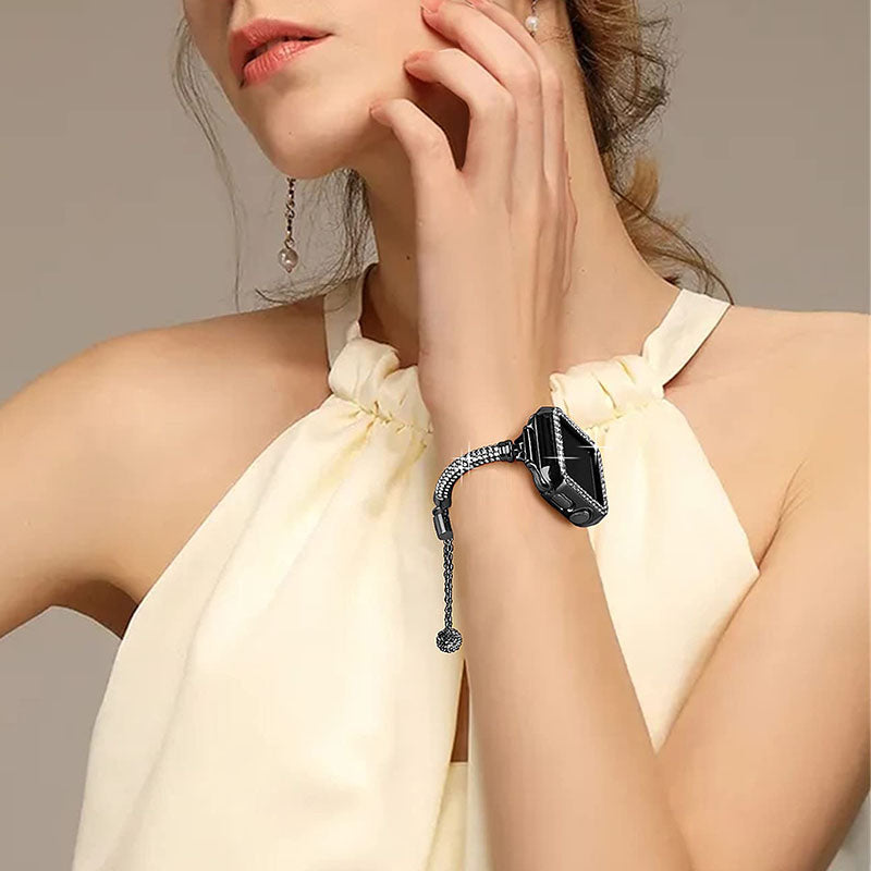 For Apple Watch Series 7 41mm Metal Rhinestone Decor Stylish Smart Watch Band Bracelet + Hollow Out Hard PC Protective Watch Case - Black
