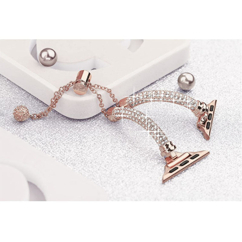 For Apple Watch Series 7 45mm Bracelet Metal Shiny Rhinestone Decor Smart Watch Band + Hollow Out PC Watch Cover Case - Rose Gold