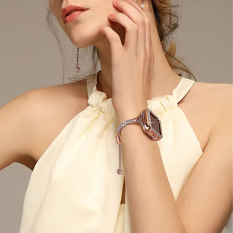 For Apple Watch Series 7 45mm Bracelet Metal Shiny Rhinestone Decor Smart Watch Band + Hollow Out PC Watch Cover Case - Rose Gold