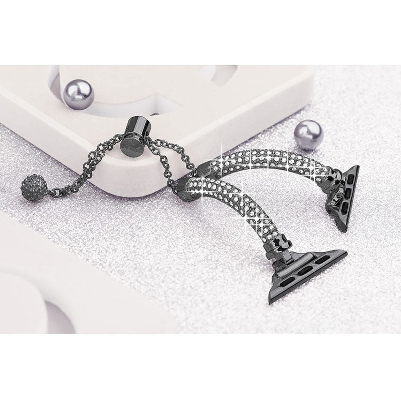 For Apple Watch Series 7 45mm Bracelet Metal Shiny Rhinestone Decor Smart Watch Band + Hollow Out PC Watch Cover Case - Black