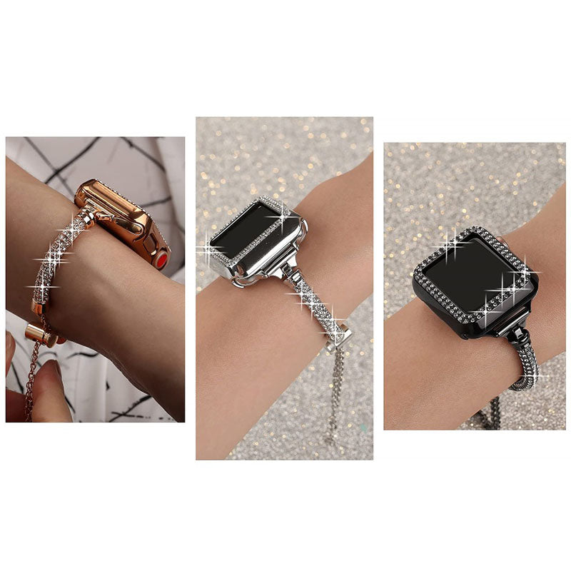 For Apple Watch Series 7 45mm Bracelet Metal Shiny Rhinestone Decor Smart Watch Band + Hollow Out PC Watch Cover Case - Black