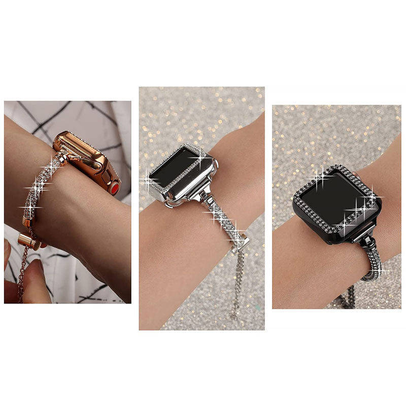 For Apple Watch Series 1/2/3 38mm Fashionable Durable Bracelet Metal Rhinestone Decor Wrist Strap Watch Band + Hollow Out PC Watch Case - Silver