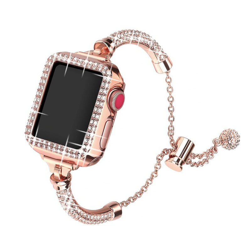 For Apple Watch Series 1/2/3 38mm Stylish Bracelet Metal Rhinestone Decor Wrist Strap Watch Band + Hollow Out PC Well-protected Watch Case - Rose Gold