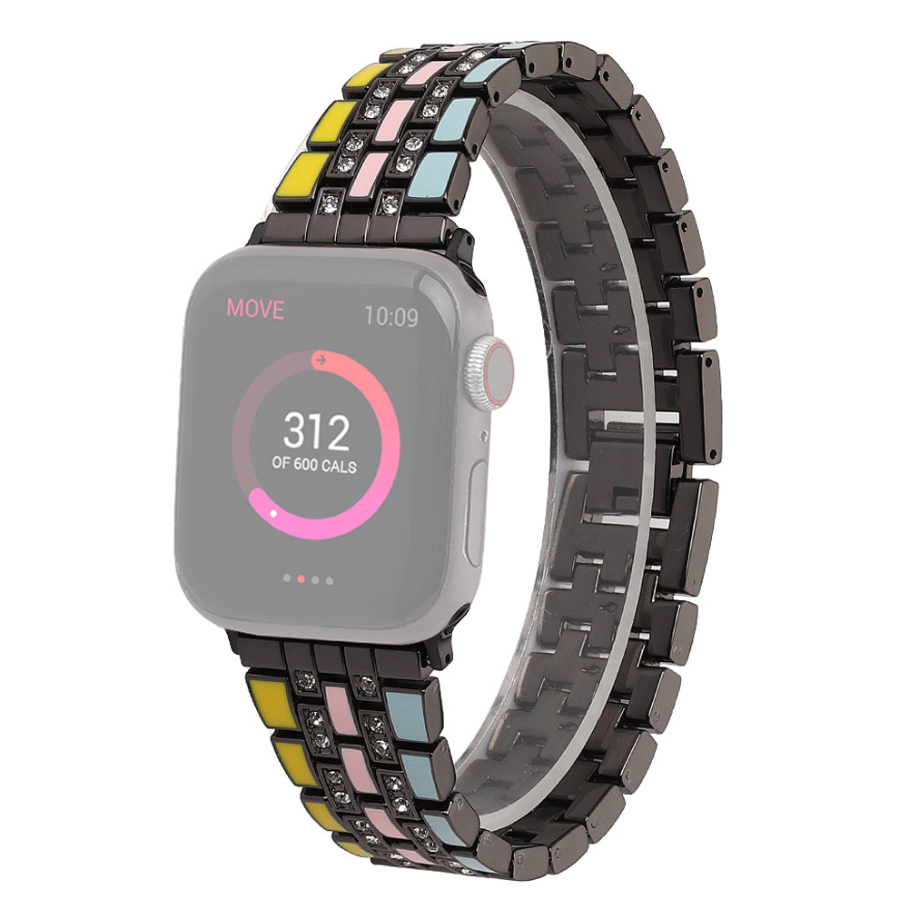 for Apple Watch Ultra 49mm / Series 8 45mm / 7 45mm / Series 6 / 5 / 4 / SSE 44mm / SE (2022) 44mm / Series 3 / 2 / 1 42mm Flag Style Watch Strap Rhinestone Band Replacement - Yellow / Blue / Black