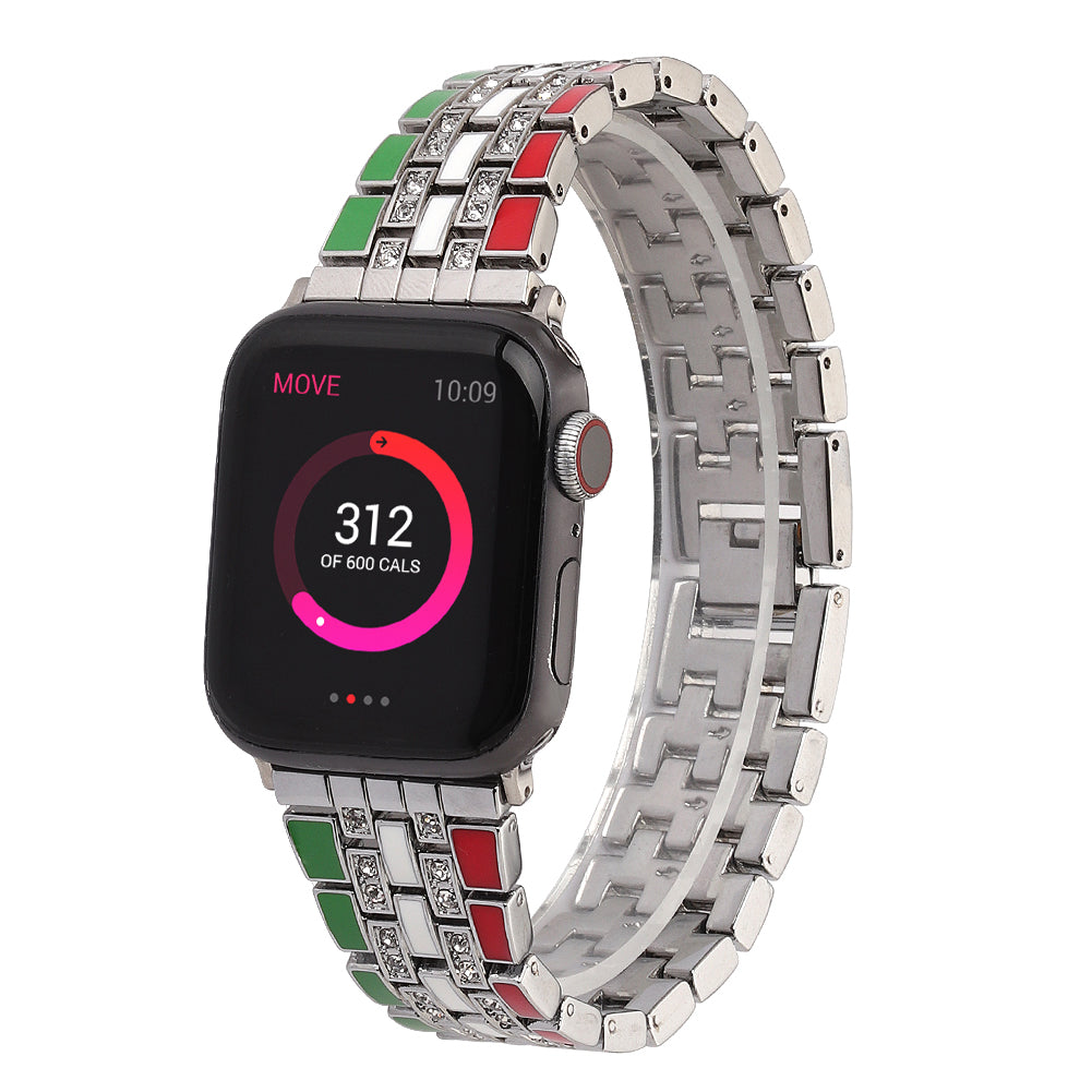 for Apple Watch Ultra 49mm / Series 8 45mm / 7 45mm / Series 6 / 5 / 4 / SSE 44mm / SE (2022) 44mm / Series 3 / 2 / 1 42mm Flag Style Watch Strap Rhinestone Band Replacement - Red / Green / Silver