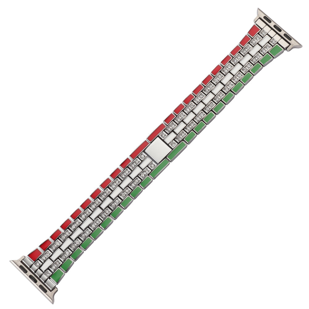 for Apple Watch Ultra 49mm / Series 8 45mm / 7 45mm / Series 6 / 5 / 4 / SSE 44mm / SE (2022) 44mm / Series 3 / 2 / 1 42mm Flag Style Watch Strap Rhinestone Band Replacement - Red / Green / Silver