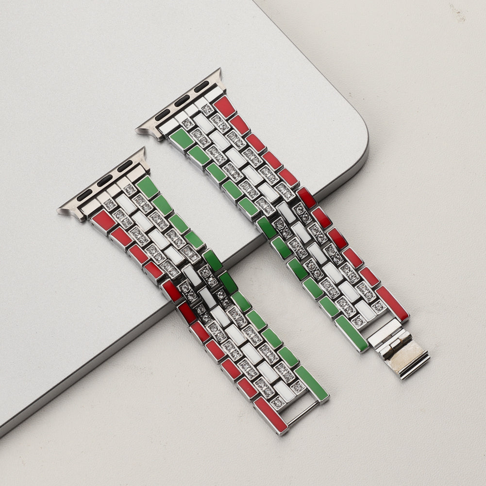 for Apple Watch Ultra 49mm / Series 8 45mm / 7 45mm / Series 6 / 5 / 4 / SSE 44mm / SE (2022) 44mm / Series 3 / 2 / 1 42mm Flag Style Watch Strap Rhinestone Band Replacement - Red / Green / Silver