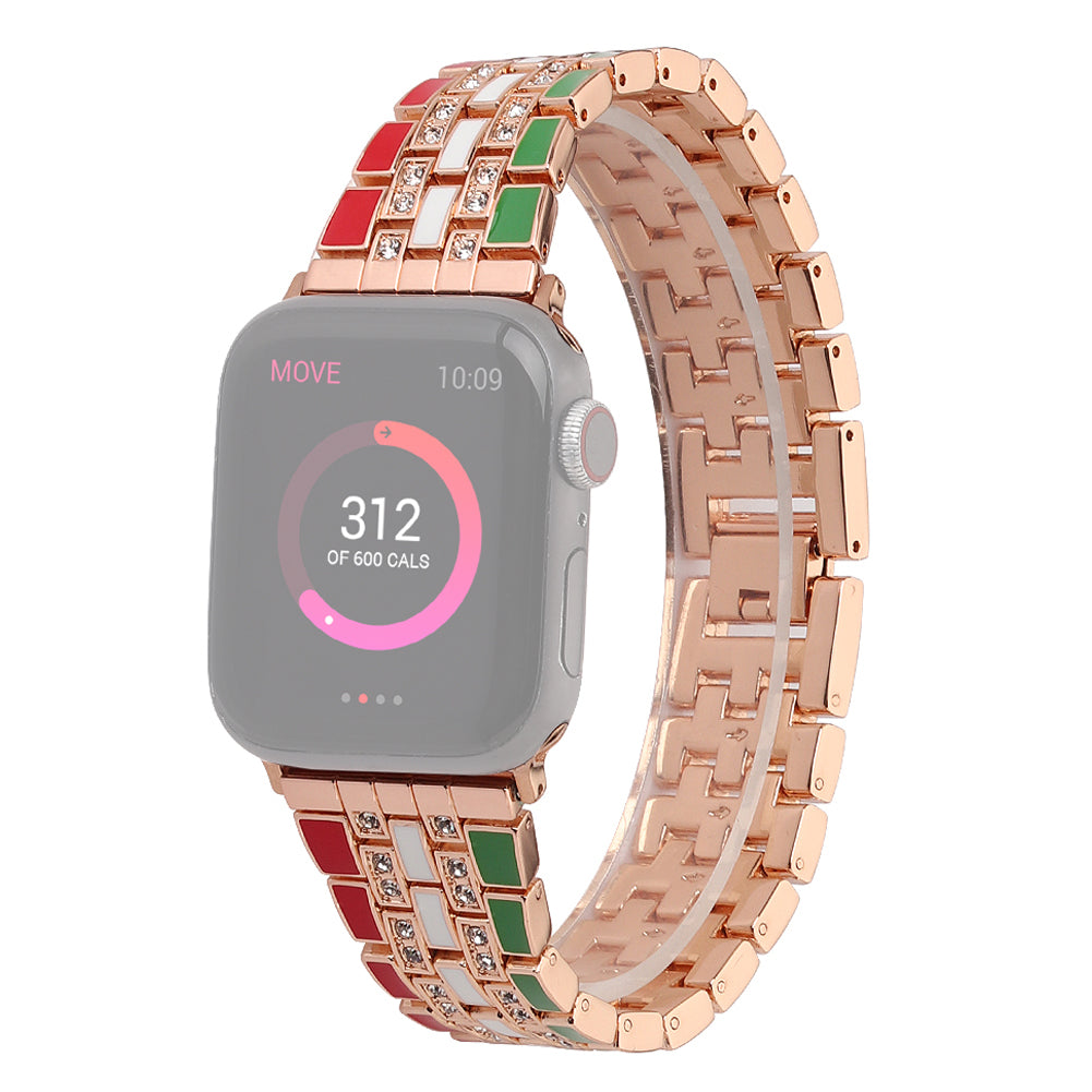 for Apple Watch Ultra 49mm / Series 8 45mm / 7 45mm / Series 6 / 5 / 4 / SSE 44mm / SE (2022) 44mm / Series 3 / 2 / 1 42mm Flag Style Watch Strap Rhinestone Band Replacement - Red / Green / Rose Gold