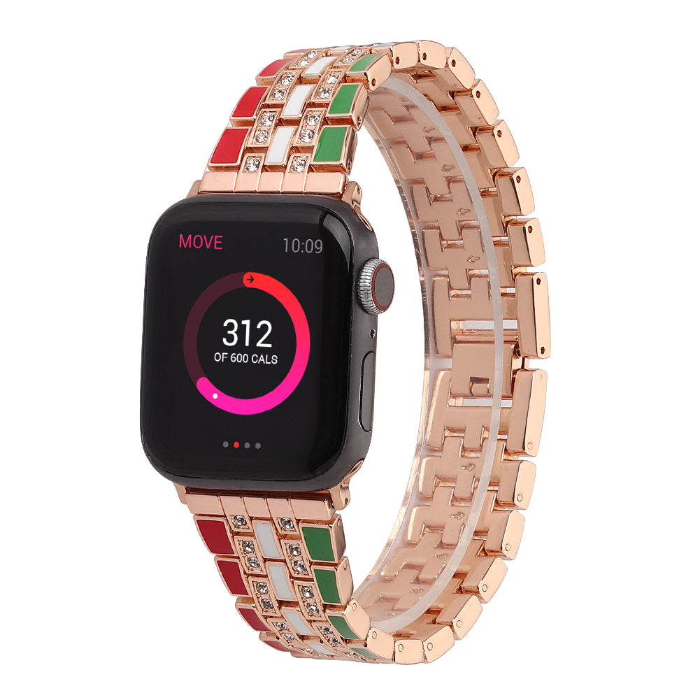for Apple Watch Ultra 49mm / Series 8 45mm / 7 45mm / Series 6 / 5 / 4 / SSE 44mm / SE (2022) 44mm / Series 3 / 2 / 1 42mm Flag Style Watch Strap Rhinestone Band Replacement - Red / Green / Rose Gold