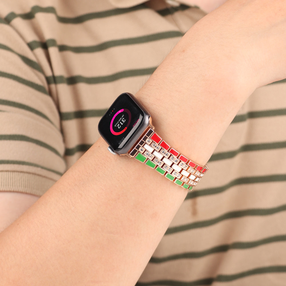 for Apple Watch Ultra 49mm / Series 8 45mm / 7 45mm / Series 6 / 5 / 4 / SSE 44mm / SE (2022) 44mm / Series 3 / 2 / 1 42mm Flag Style Watch Strap Rhinestone Band Replacement - Red / Green / Rose Gold