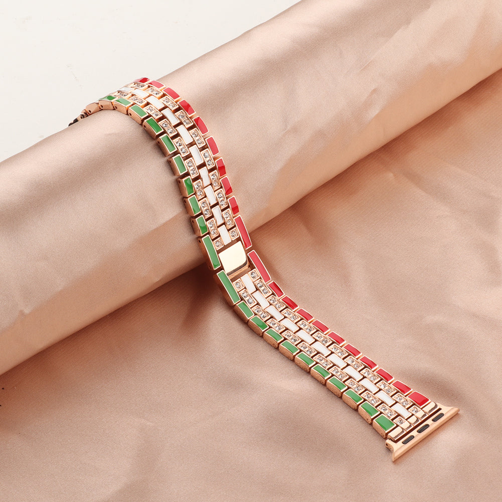 for Apple Watch Ultra 49mm / Series 8 45mm / 7 45mm / Series 6 / 5 / 4 / SSE 44mm / SE (2022) 44mm / Series 3 / 2 / 1 42mm Flag Style Watch Strap Rhinestone Band Replacement - Red / Green / Rose Gold