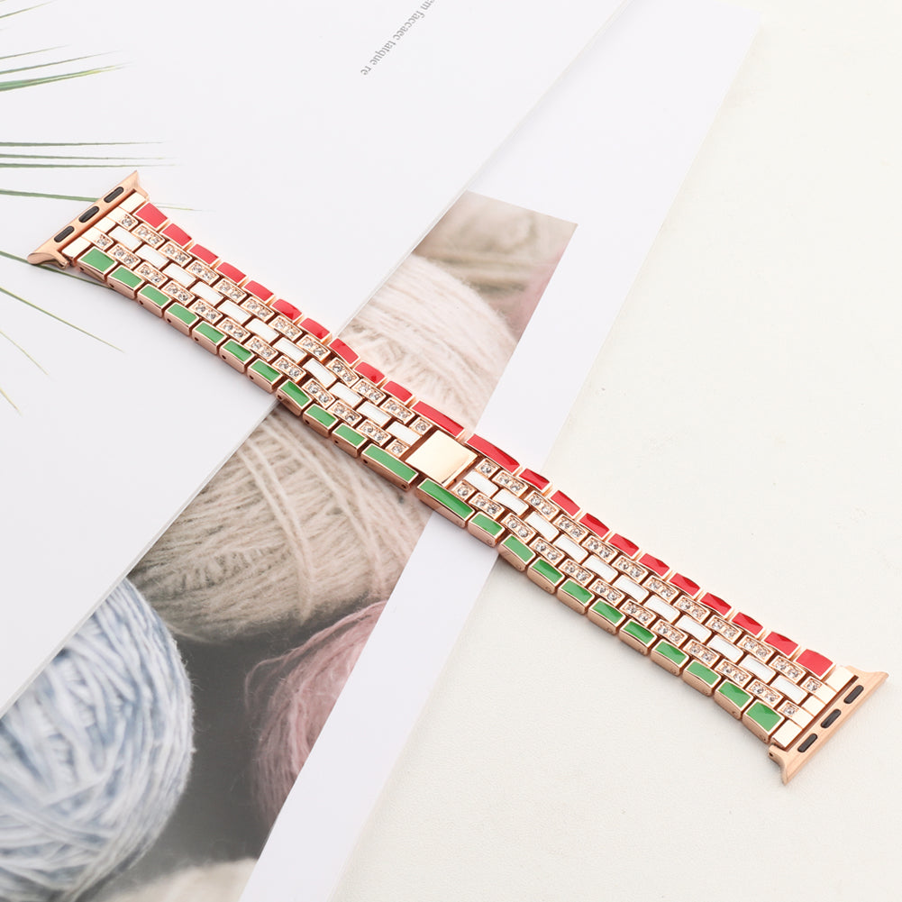 for Apple Watch Ultra 49mm / Series 8 45mm / 7 45mm / Series 6 / 5 / 4 / SSE 44mm / SE (2022) 44mm / Series 3 / 2 / 1 42mm Flag Style Watch Strap Rhinestone Band Replacement - Red / Green / Rose Gold