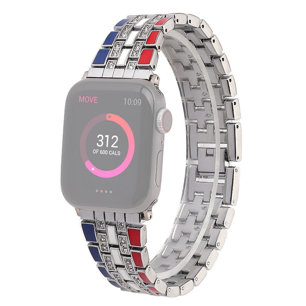 for Apple Watch Ultra 49mm / Series 8 45mm / 7 45mm / Series 6 / 5 / 4 / SSE 44mm / SE (2022) 44mm / Series 3 / 2 / 1 42mm Flag Style Watch Strap Rhinestone Band Replacement - Red / Blue / Silver