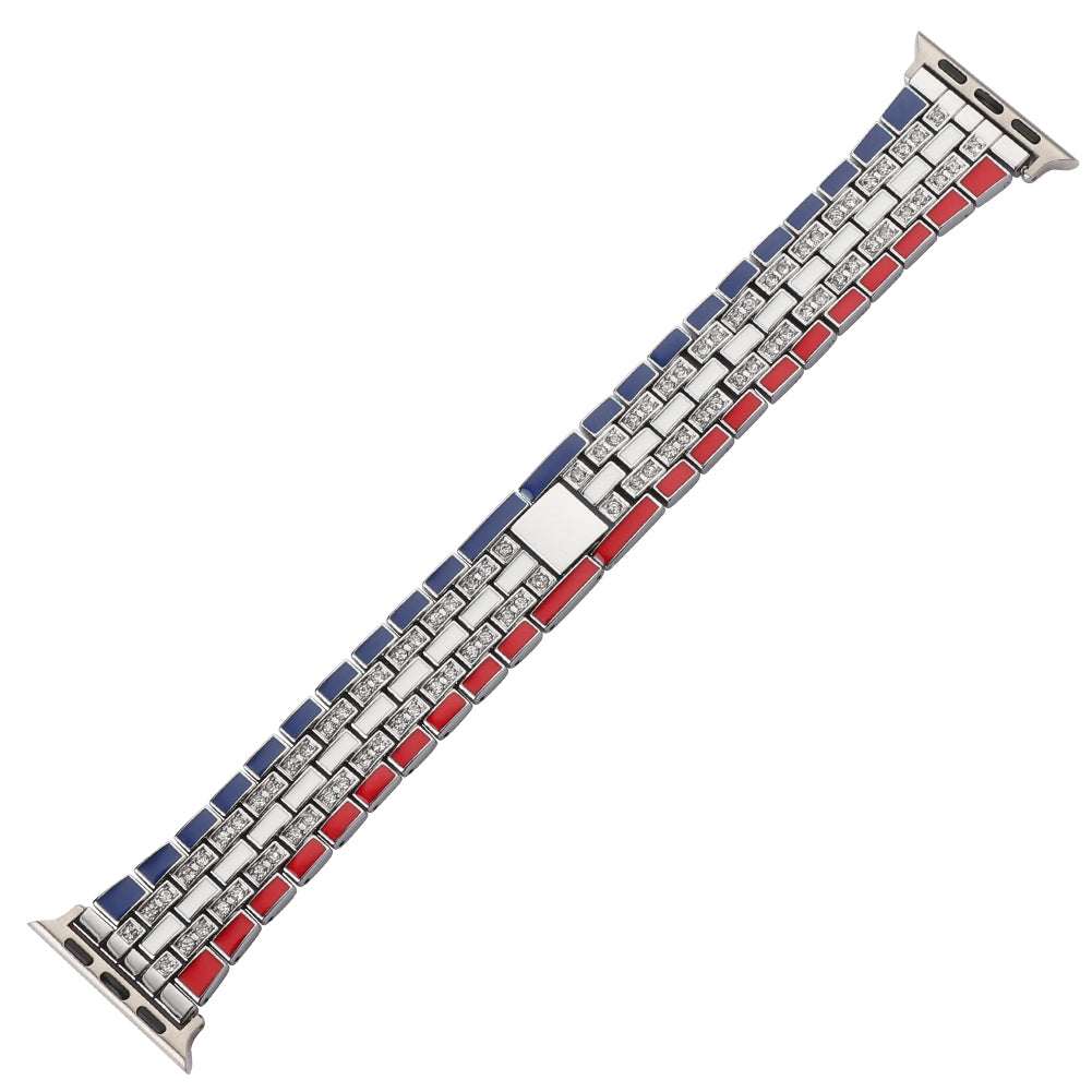 for Apple Watch Ultra 49mm / Series 8 45mm / 7 45mm / Series 6 / 5 / 4 / SSE 44mm / SE (2022) 44mm / Series 3 / 2 / 1 42mm Flag Style Watch Strap Rhinestone Band Replacement - Red / Blue / Silver