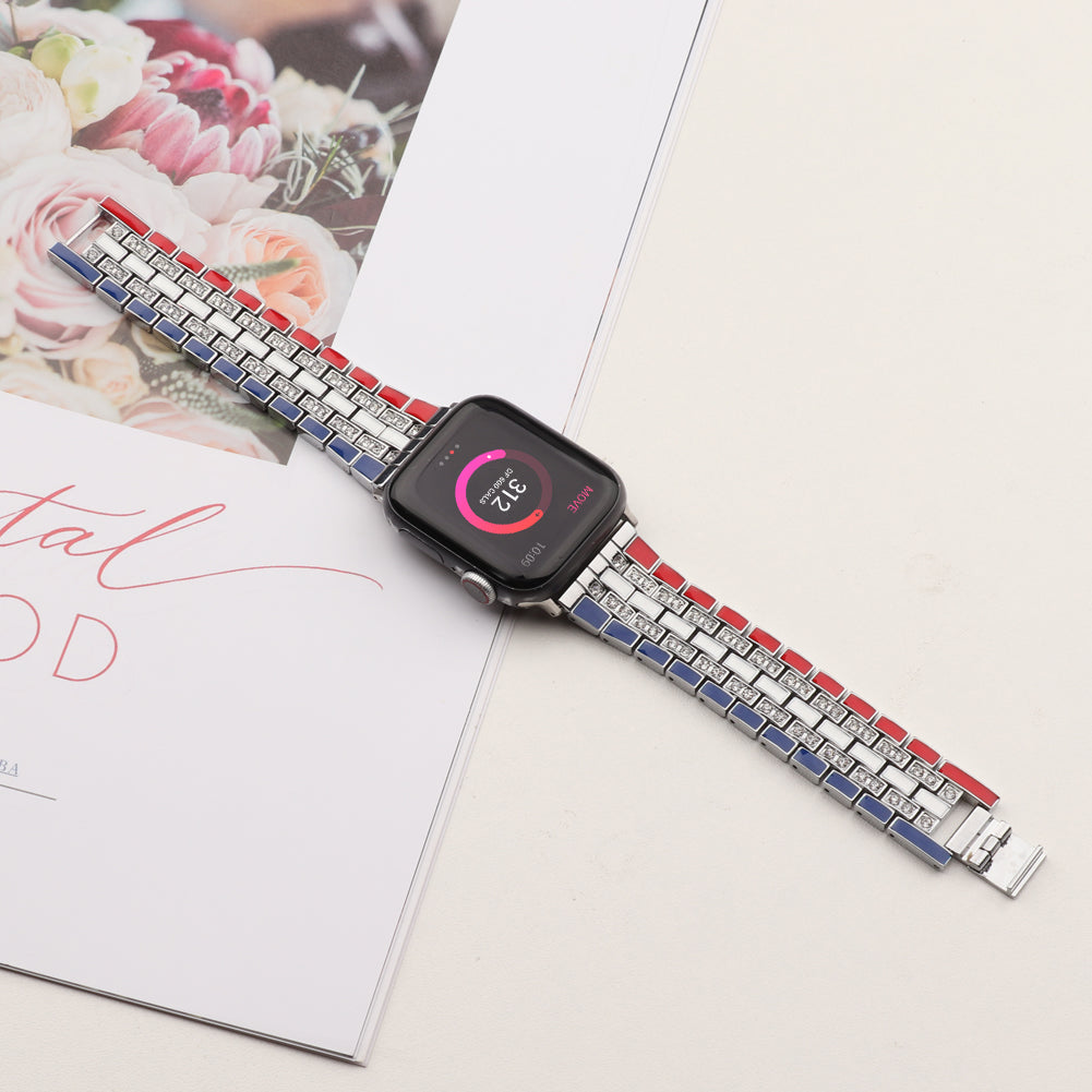 for Apple Watch Ultra 49mm / Series 8 45mm / 7 45mm / Series 6 / 5 / 4 / SSE 44mm / SE (2022) 44mm / Series 3 / 2 / 1 42mm Flag Style Watch Strap Rhinestone Band Replacement - Red / Blue / Silver