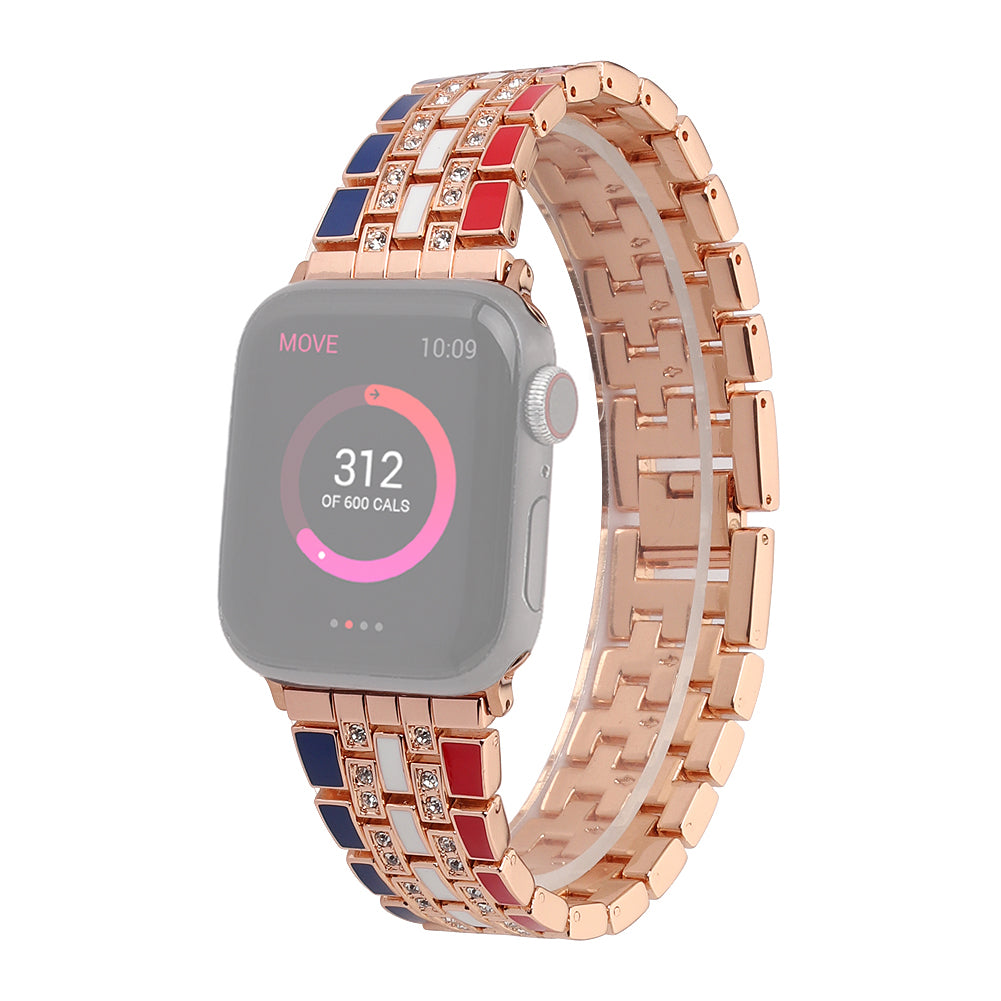 for Apple Watch Ultra 49mm / Series 8 45mm / 7 45mm / Series 6 / 5 / 4 / SSE 44mm / SE (2022) 44mm / Series 3 / 2 / 1 42mm Flag Style Watch Strap Rhinestone Band Replacement - Red / Blue / Rose Gold