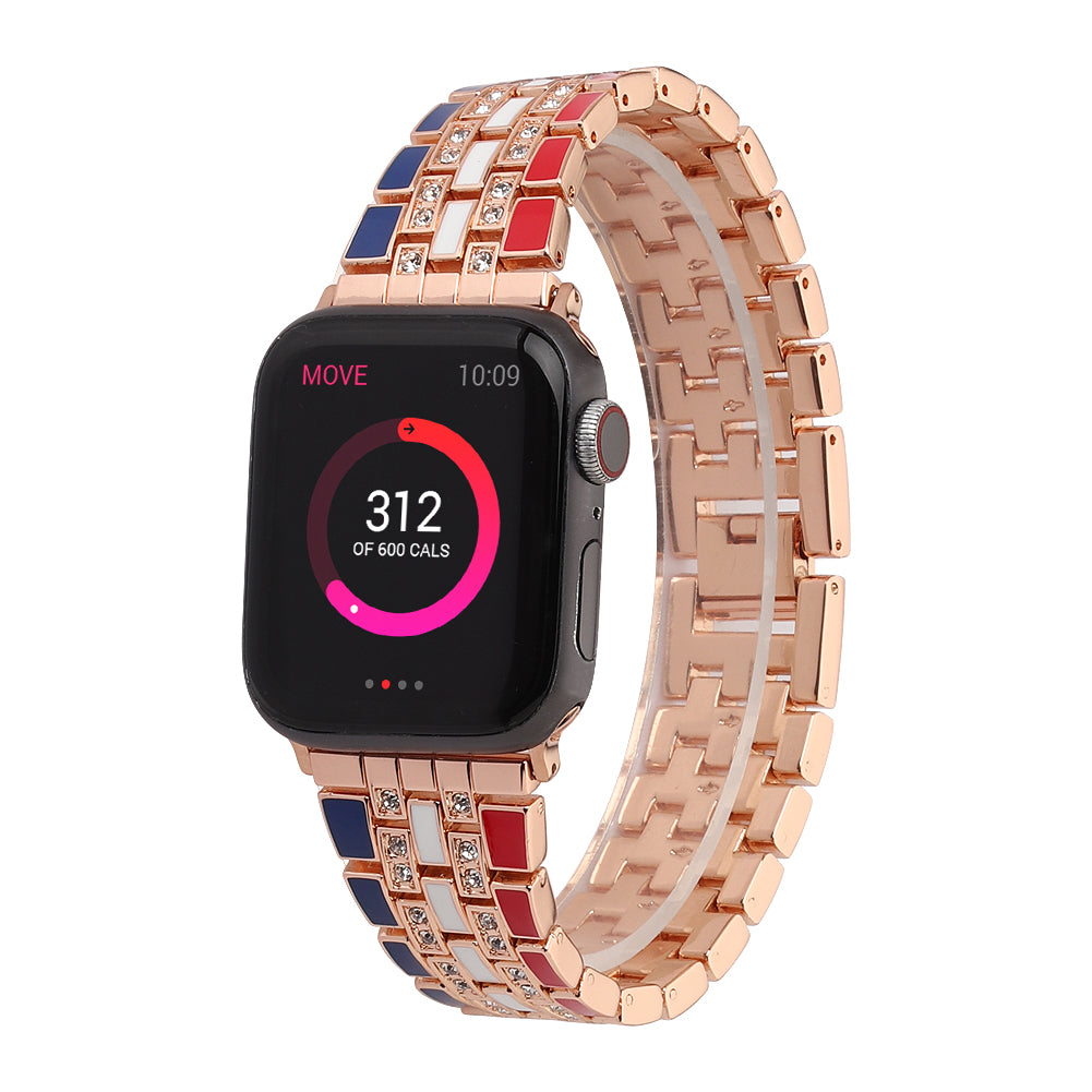 for Apple Watch Ultra 49mm / Series 8 45mm / 7 45mm / Series 6 / 5 / 4 / SSE 44mm / SE (2022) 44mm / Series 3 / 2 / 1 42mm Flag Style Watch Strap Rhinestone Band Replacement - Red / Blue / Rose Gold