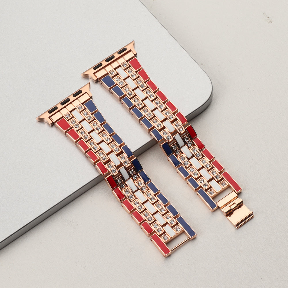 for Apple Watch Ultra 49mm / Series 8 45mm / 7 45mm / Series 6 / 5 / 4 / SSE 44mm / SE (2022) 44mm / Series 3 / 2 / 1 42mm Flag Style Watch Strap Rhinestone Band Replacement - Red / Blue / Rose Gold