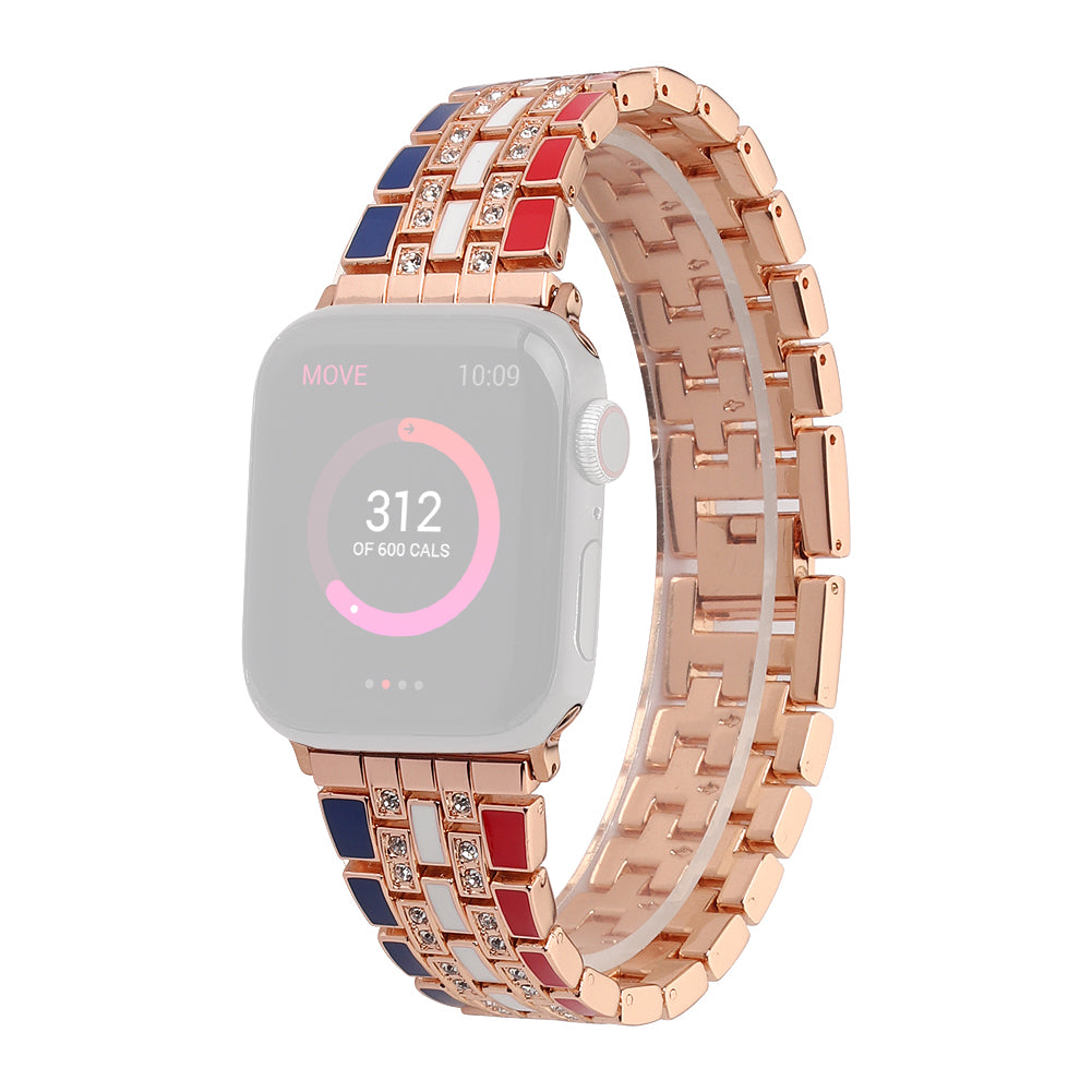 for Apple Watch Series 8 41mm / Series 7 41mm / Series 6 / 5 / 4 / SE / SE(2022) 40mm / Series 3 / 2 / 1 38mm Rhinestone Decor Flag Style Wrist Strap Smart Watch Band - Red / Blue / Rose Gold