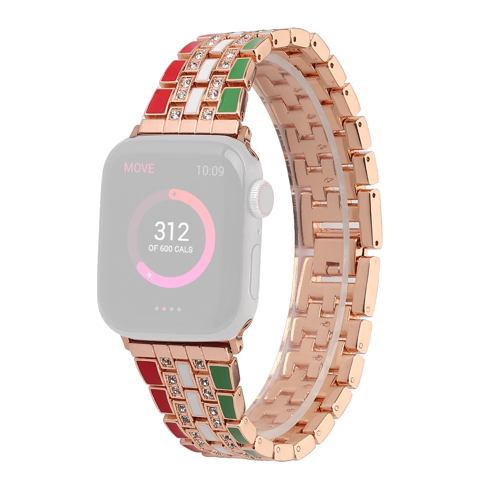 for Apple Watch Series 8 41mm / Series 7 41mm / Series 6 / 5 / 4 / SE / SE(2022) 40mm / Series 3 / 2 / 1 38mm Rhinestone Decor Flag Style Wrist Strap Smart Watch Band - Red / Green / Rose Gold