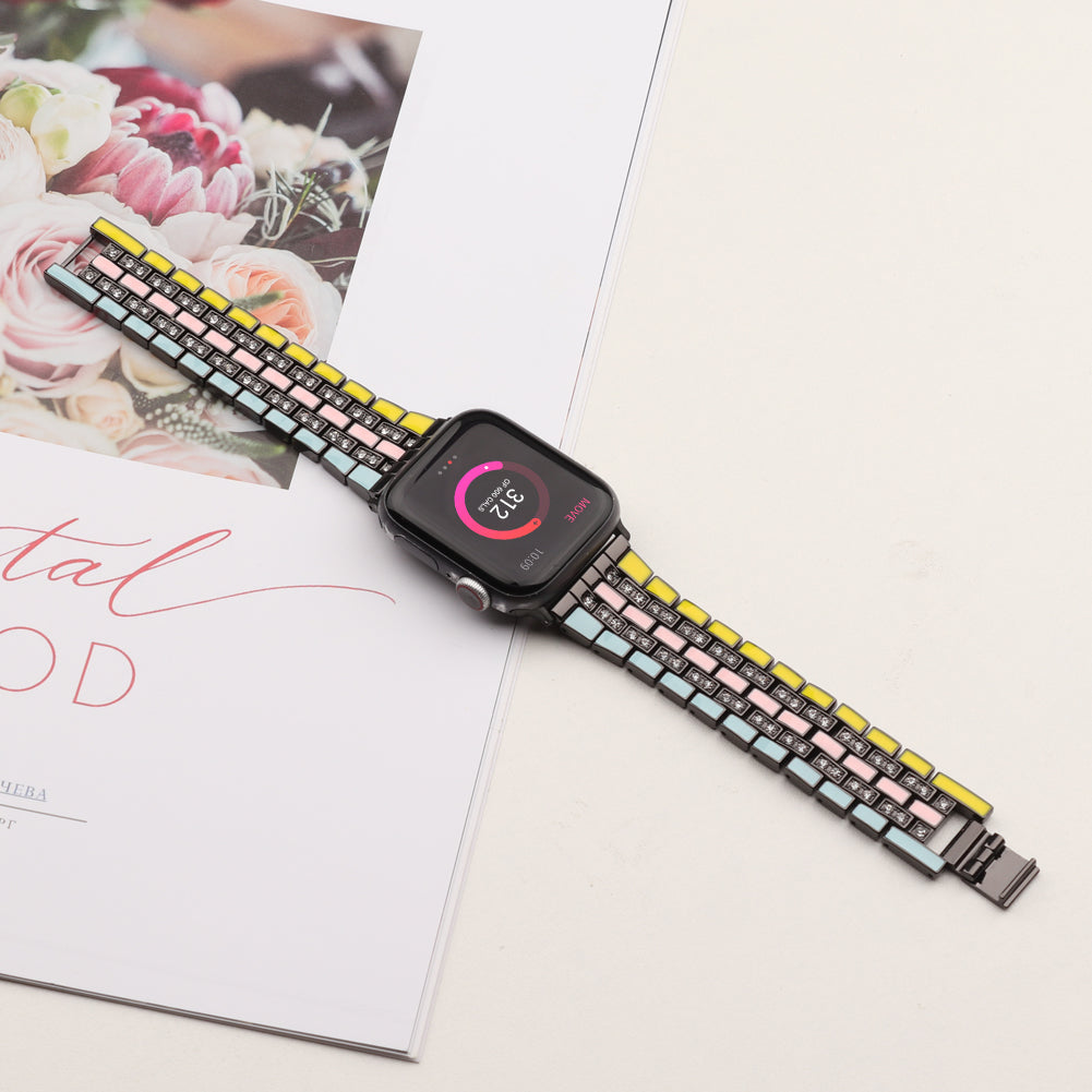 for Apple Watch Series 8 41mm / Series 7 41mm / Series 6 / 5 / 4 / SE / SE(2022) 40mm / Series 3 / 2 / 1 38mm Rhinestone Decor Flag Style Wrist Strap Smart Watch Band - Yellow / Blue / Black