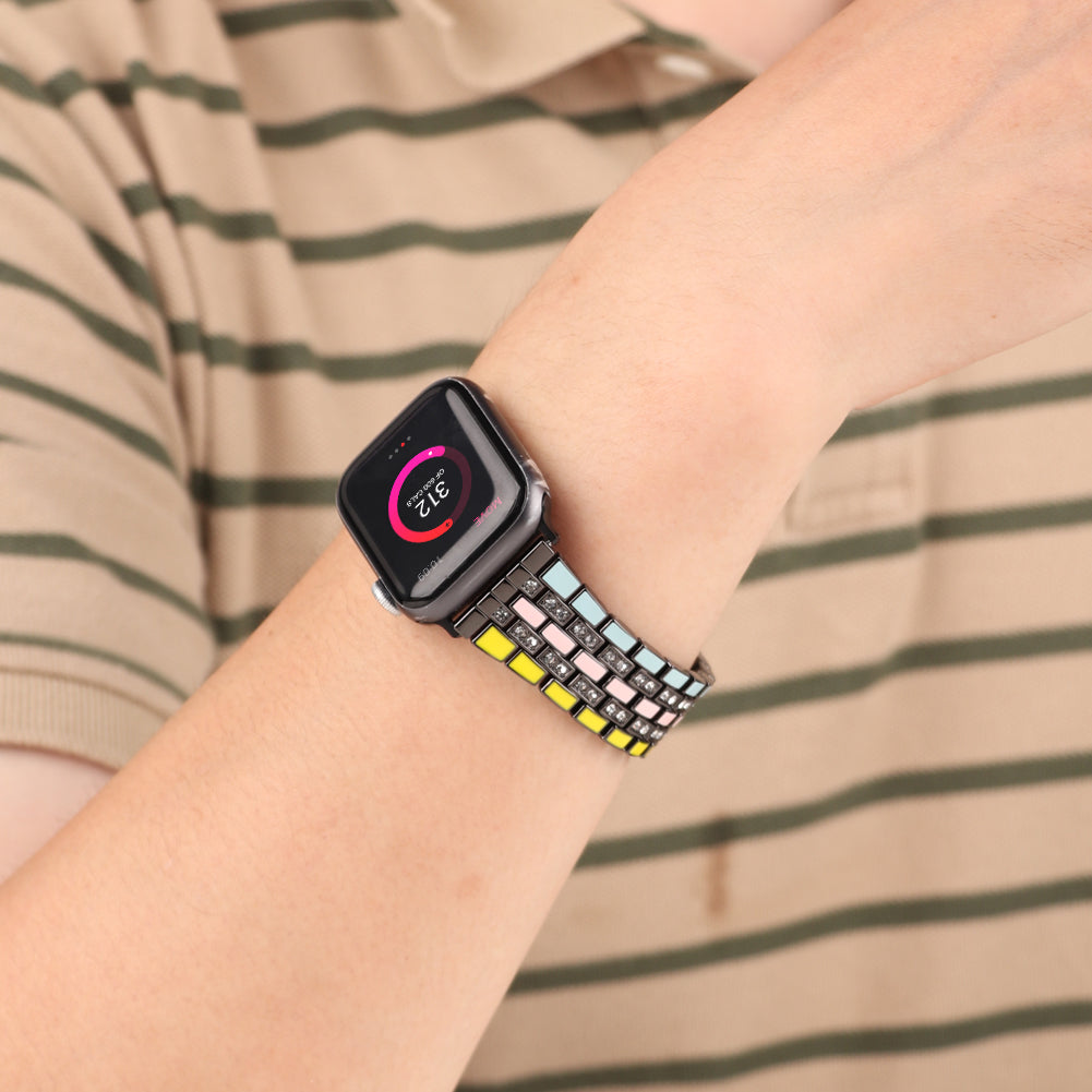 for Apple Watch Series 8 41mm / Series 7 41mm / Series 6 / 5 / 4 / SE / SE(2022) 40mm / Series 3 / 2 / 1 38mm Rhinestone Decor Flag Style Wrist Strap Smart Watch Band - Yellow / Blue / Black