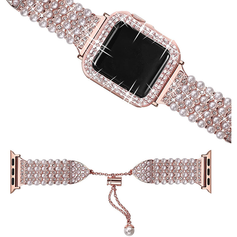 for Apple Watch SE / SE(2022) / Series 6 / 5 / 4 40mm Replacement Wrist Strap Pearl Rhinestone Decor Metal Bracelet Band + PC Anti-scratch Watch Case - Rose Gold