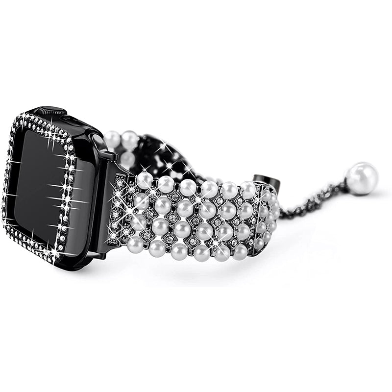 For Apple Watch Series 7 41mm Metal Pearl Rhinestone Decor Bracelet Smart Watch Band + Hollow Out PC Watch Cover Case - Black