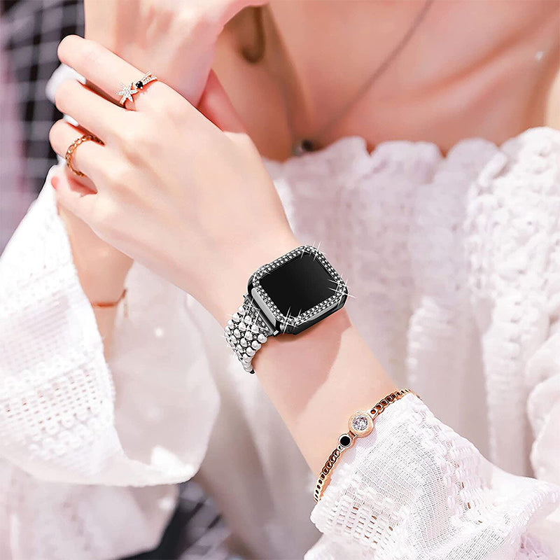 For Apple Watch Series 7 41mm Metal Pearl Rhinestone Decor Bracelet Smart Watch Band + Hollow Out PC Watch Cover Case - Black