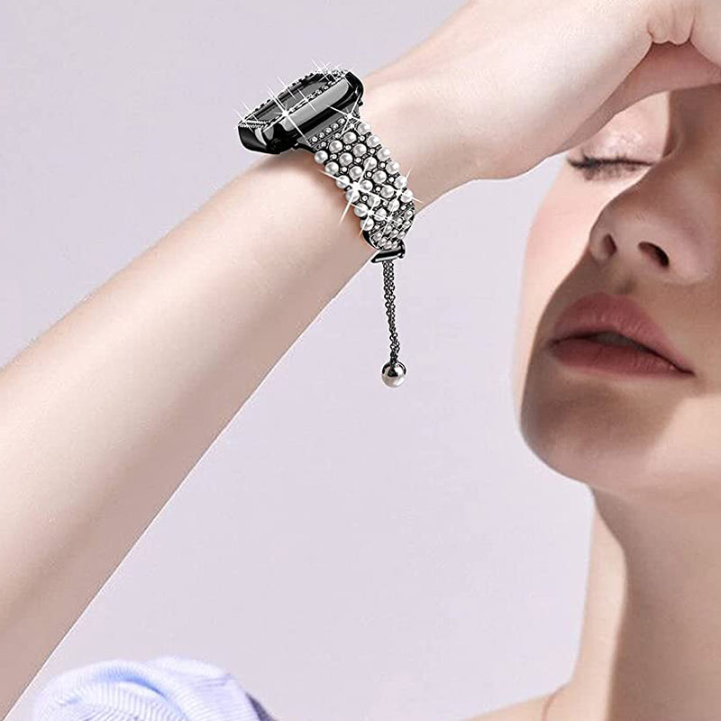 For Apple Watch Series 7 41mm Metal Pearl Rhinestone Decor Bracelet Smart Watch Band + Hollow Out PC Watch Cover Case - Black