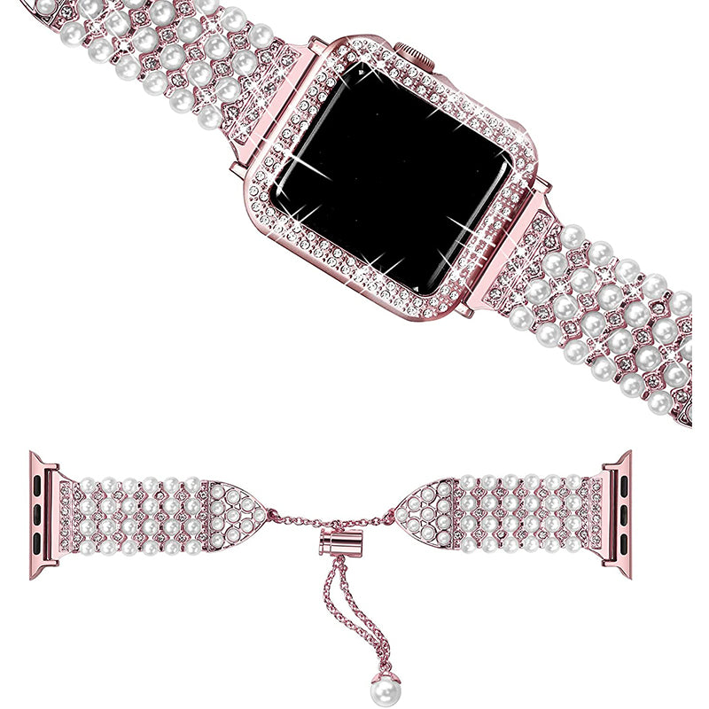 for Apple Watch SE 44mm / SE (2022) 44mm / Series 6 / 5 / 4 44mm Pearl Rhinestone Decor Metal Adjustable Bracelet Watch Band + Hollow Out PC Watch Case - Rose Pink
