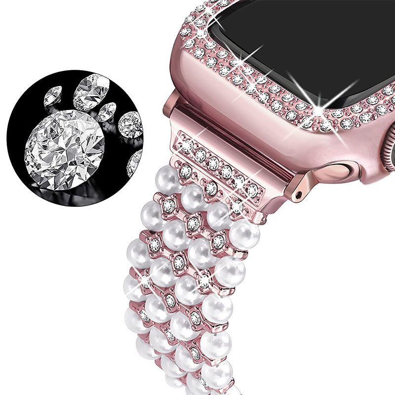 For Apple Watch Series 3/2/1 42mm Pearl Rhinestone Decor Metal Drawstring Design Watch Strap Bracelet + Hollow Out PC Watch Case - Rose Pink