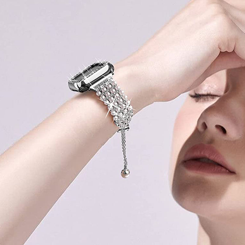 For Apple Watch Series 7 41mm Metal Watch Band Faux Pearl Replacement Strap + Rhinestone Decor PC Watch Case Cover - Silver