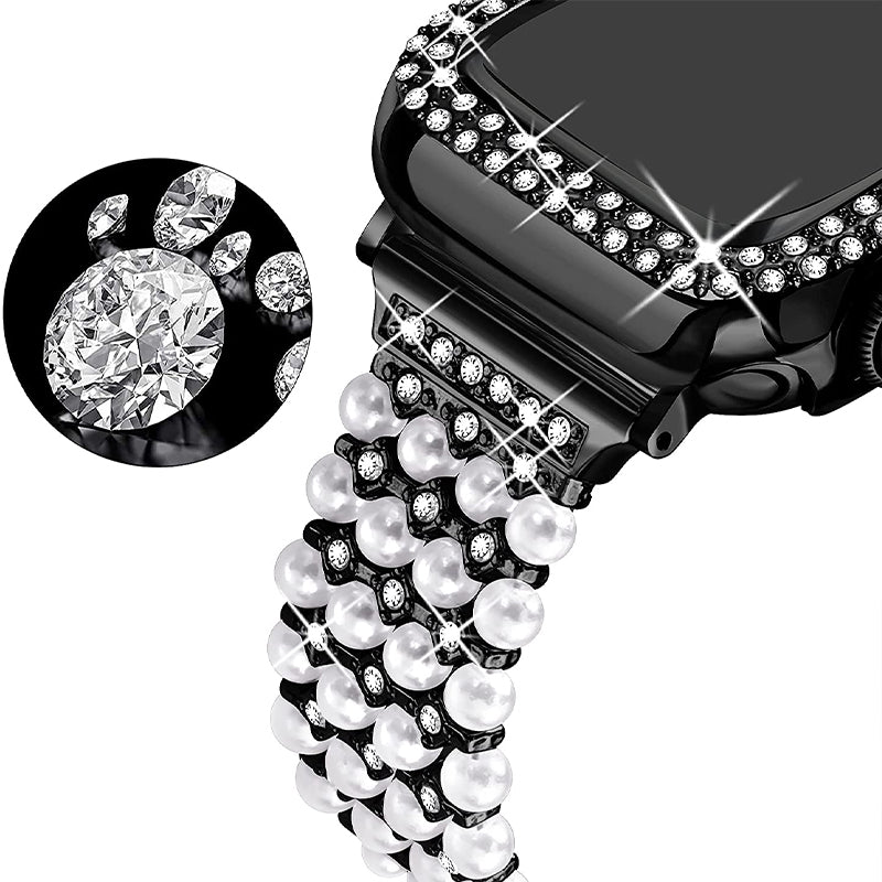 For Apple Watch Series 7 45mm Pearl Rhinestone Decor Drawstring Design Metal Bracelet Watch Strap + PC Watch Frame Protective Case - Black