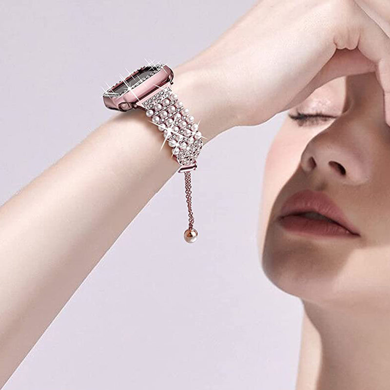 For Apple Watch Series 7 45mm Pearl Rhinestone Decor Drawstring Design Metal Bracelet Watch Strap + PC Watch Frame Protective Case - Rose Pink
