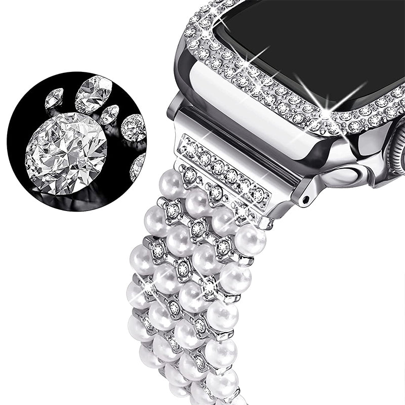 for Apple Watch SE 44mm / SE (2022) 44mm / Series 6 / 5 / 4 44mm Replacement Watch Band Faux Pearl Rhinestone Metal Strap + Protective PC Watch Case - Silver
