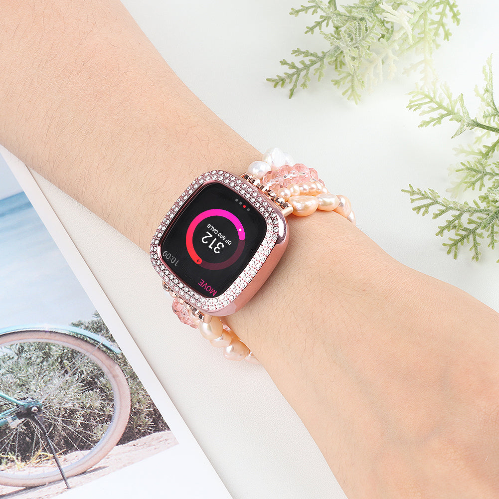 Uniqkart for Fitbit Versa 3 Pearl + Crystal Stylish Bracelet Replacement Wrist Strap Watch Band - Pink