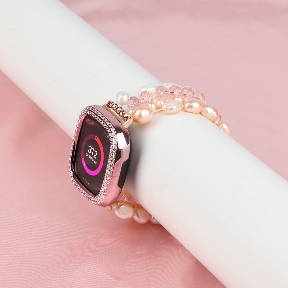 Uniqkart for Fitbit Versa 3 Pearl + Crystal Stylish Bracelet Replacement Wrist Strap Watch Band - Pink