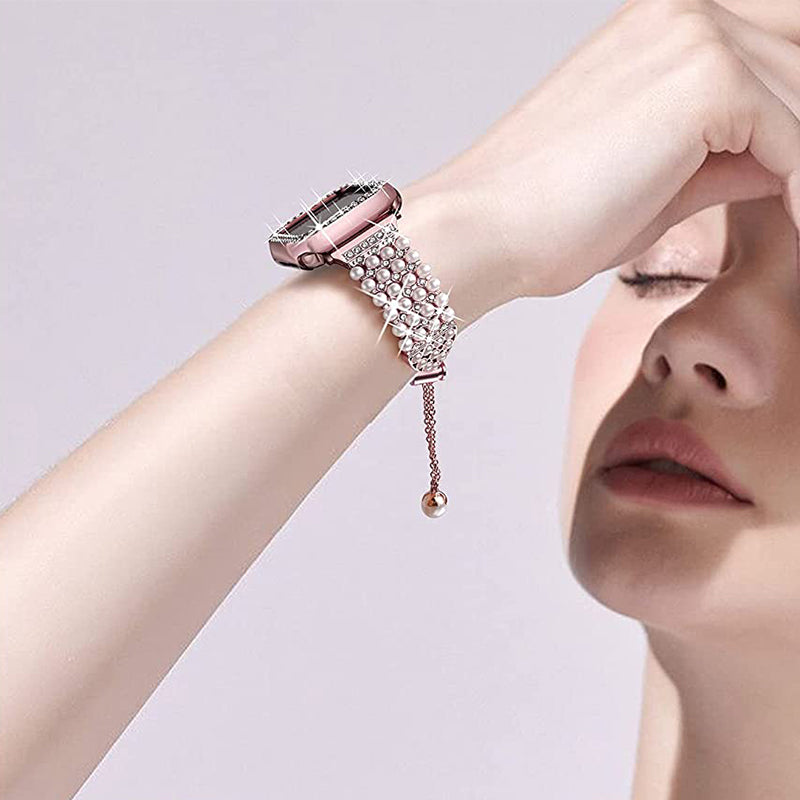 For Apple Watch Series 1/2/3 38mm Spare Watch Band Replacement Artificial Pearl Rhinestone Bracelet + Protective PC Watch Case - Rose Pink