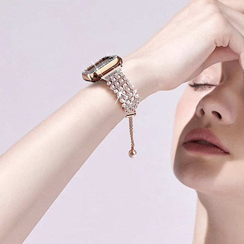 For Apple Watch Series 1/2/3 38mm Spare Watch Band Replacement Artificial Pearl Rhinestone Bracelet + Protective PC Watch Case - Rose Gold