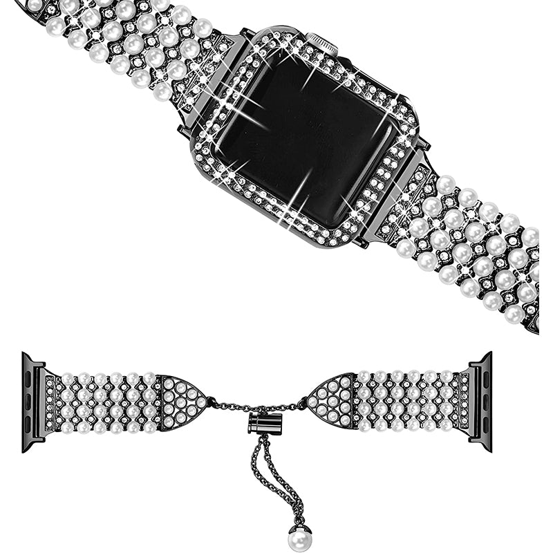 For Apple Watch Series 1/2/3 38mm Spare Watch Band Replacement Artificial Pearl Rhinestone Bracelet + Protective PC Watch Case - Black