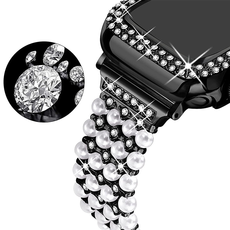 For Apple Watch Series 1/2/3 38mm Spare Watch Band Replacement Artificial Pearl Rhinestone Bracelet + Protective PC Watch Case - Black