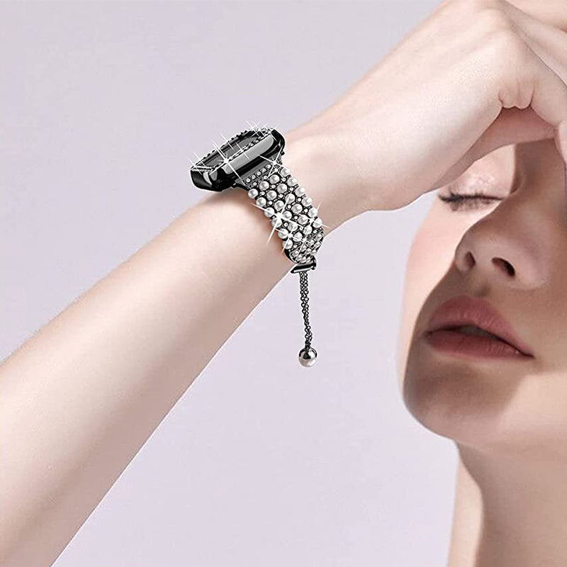 For Apple Watch Series 1/2/3 38mm Spare Watch Band Replacement Artificial Pearl Rhinestone Bracelet + Protective PC Watch Case - Black