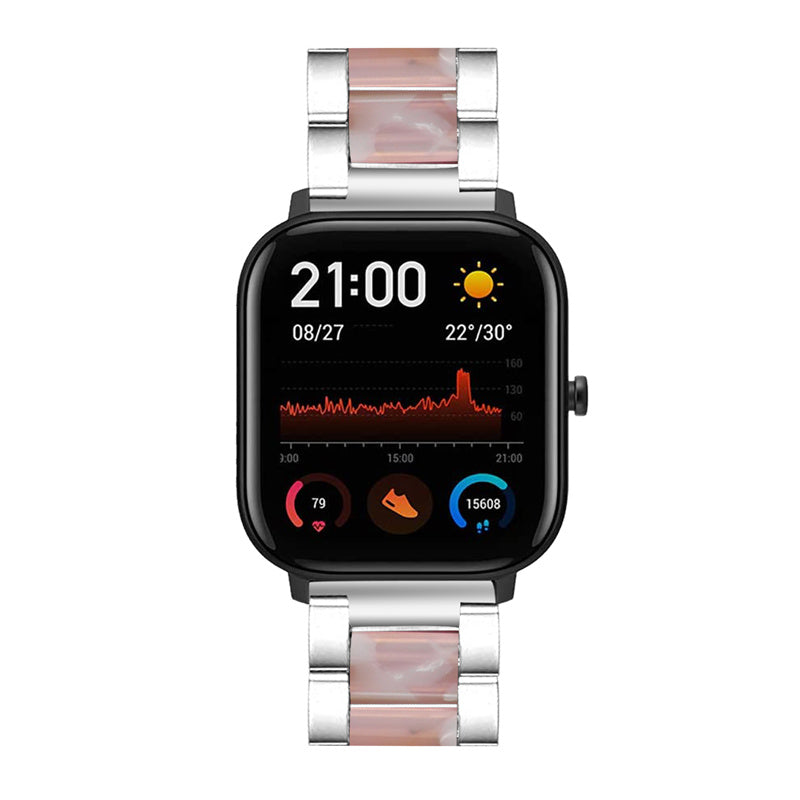 for Pebble Time Round/Pebble 2 Resin + Stainless Steel Durable Bracelet Smart Watch Wrist Band - Silver/Pink Flower