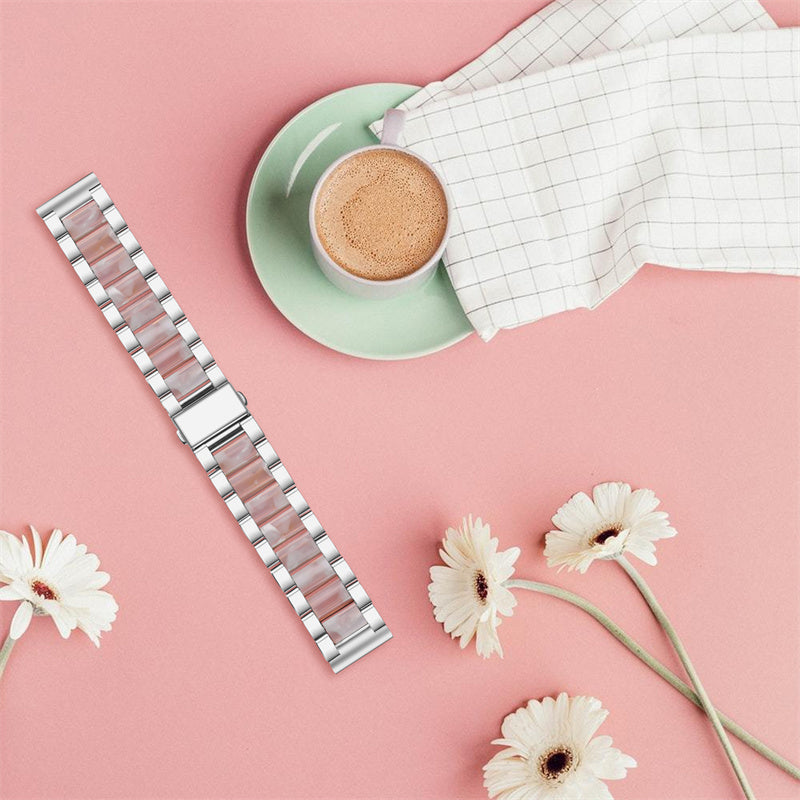 for Pebble Time Round/Pebble 2 Resin + Stainless Steel Durable Bracelet Smart Watch Wrist Band - Silver/Pink Flower