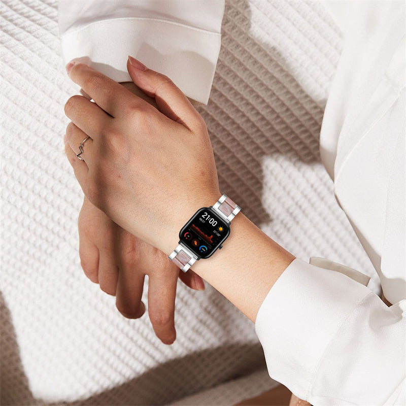 for Pebble Time Round/Pebble 2 Resin + Stainless Steel Durable Bracelet Smart Watch Wrist Band - Silver/Pink Flower