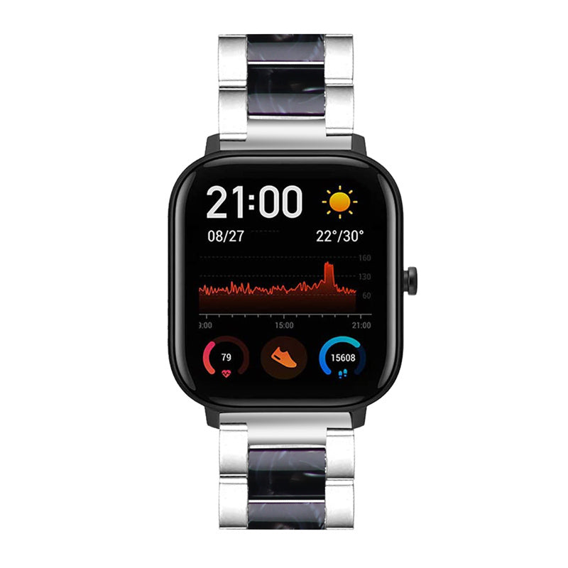 for Pebble Time Round/Pebble 2 Resin + Stainless Steel Durable Bracelet Smart Watch Wrist Band - Silver/Black Flower