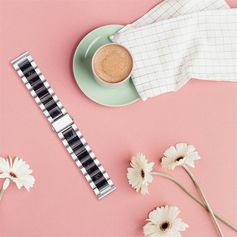 for Pebble Time Round/Pebble 2 Resin + Stainless Steel Durable Bracelet Smart Watch Wrist Band - Silver/Black Flower