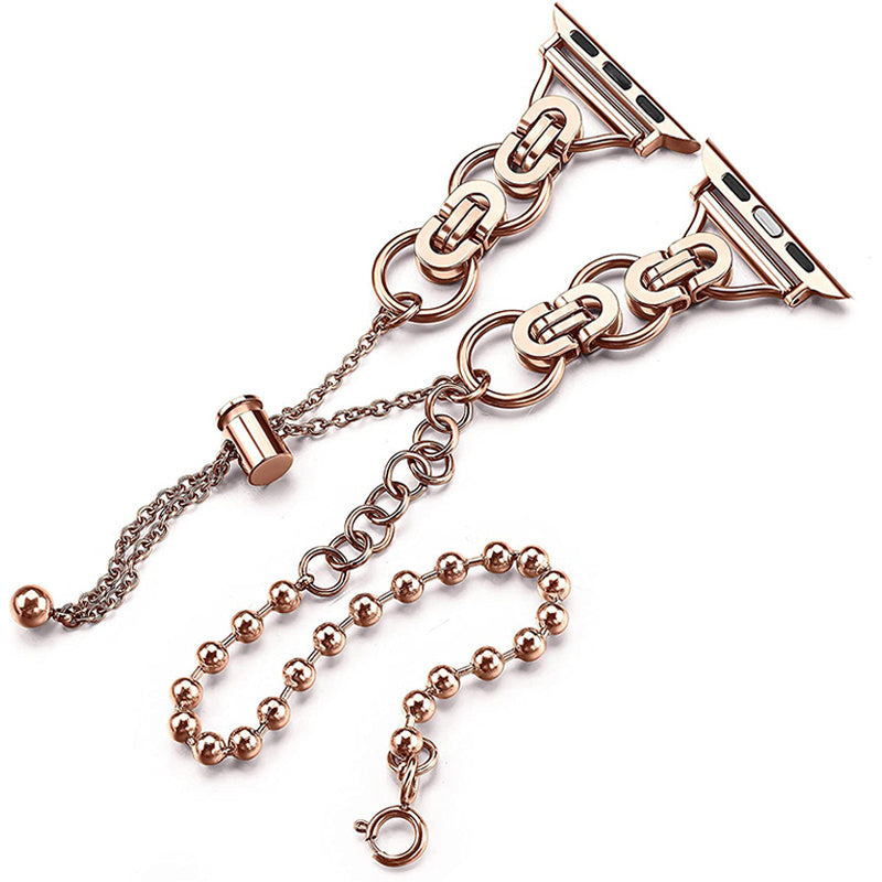 for Apple Watch Ultra 49mm / Series 8 45mm / 7 45mm / 4 / 5 / 6 / SE 44mm / SE (2022) 44mm / 1 / 2 / 3 42mm Watch Band Adjustable Stretch Jewelry Wristband Stainless Steel Watch Strap for Women Girls - Rose Gold