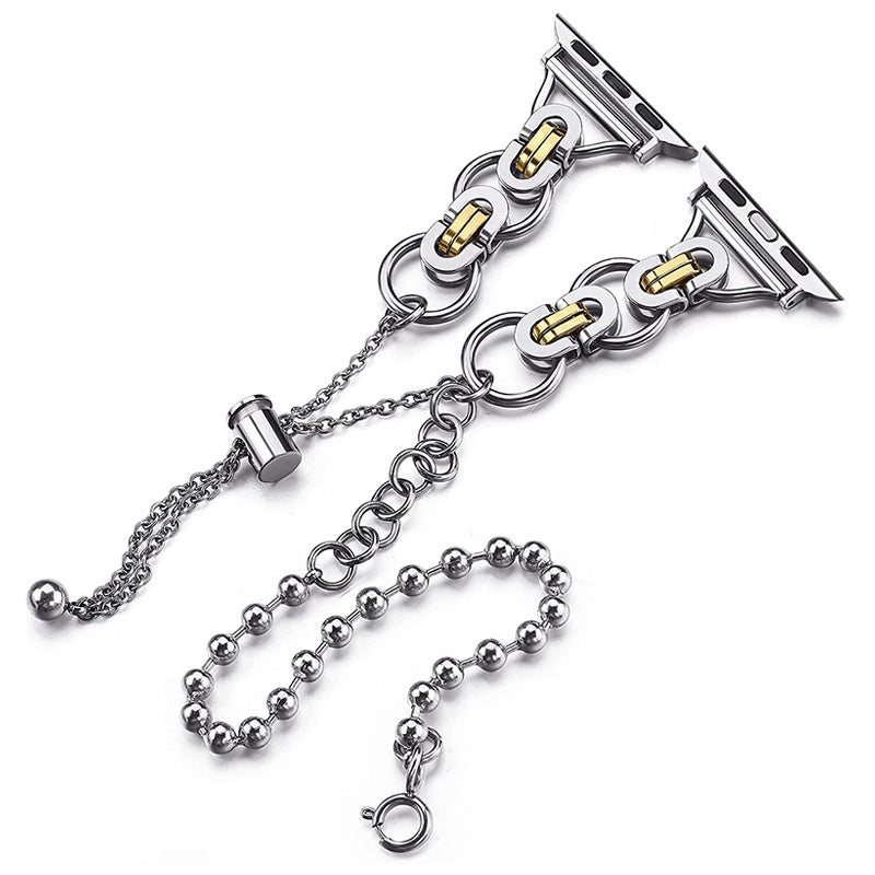 for Apple Watch Ultra 49mm / Series 8 45mm / 7 45mm / 4 / 5 / 6 / SE 44mm / SE (2022) 44mm / 1 / 2 / 3 42mm Watch Band Adjustable Stretch Jewelry Wristband Stainless Steel Watch Strap for Women Girls - Silver / Gold